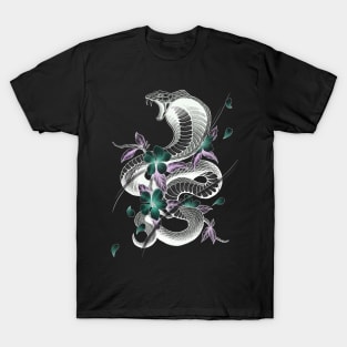 Fierce Cobra Tattoo Style with Cherry Blossoms T-Shirt